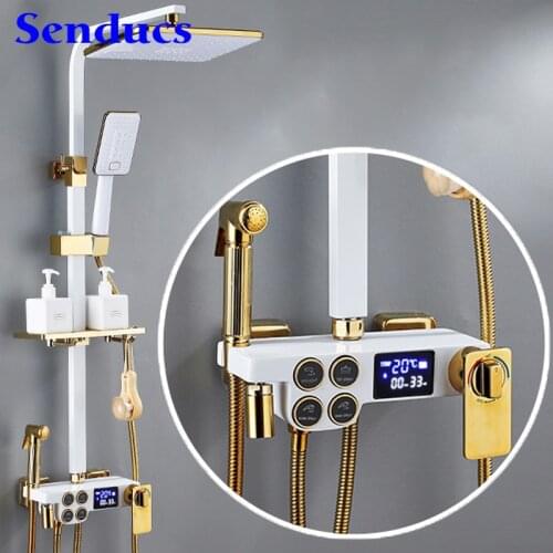 Bathroom Thermostatic Shower Set Faucets Rainfall Shower Head Copper Brass Bathtub Mixer Tap White Gold Digital Shower Mixer Set