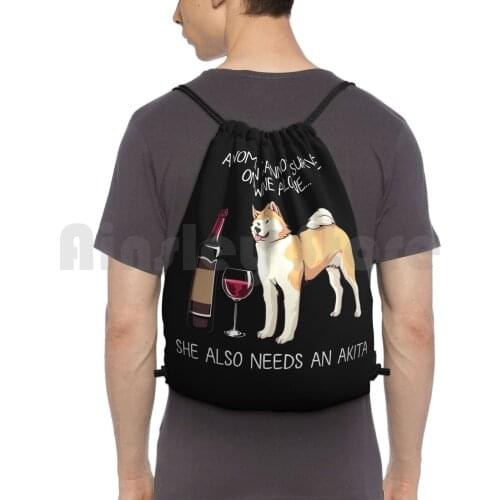 Akita And Wine Funny Dog Backpack Drawstring Bag Riding Climbing Gym Bag Dog Dog Mom Funny Dog Dog And Wine Doggy Funny Cat