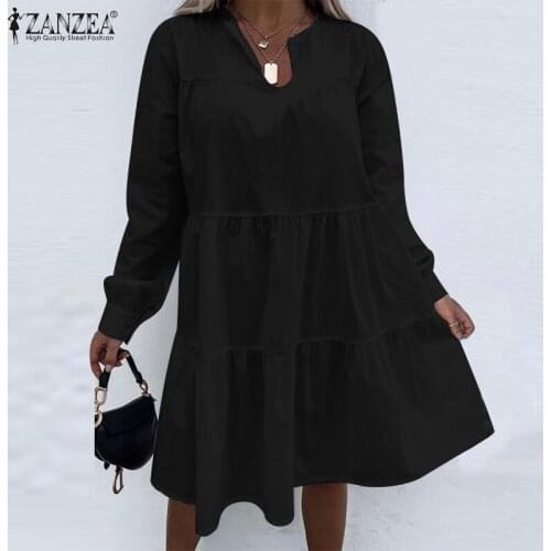 ZANZEA Autumn Elegant V Neck Long Sleeve Ruffles Dress Women Fashion Solid Party Knee-length Sundress Oversized Robe Vestidos