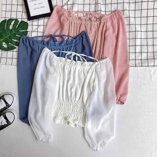 Women Slash Neck Puff Lantern Sleeve Basic Ruffles Shirt Vintage Short Elastic Slim Bandage Strap Pullover Chiffon Blouse Tops