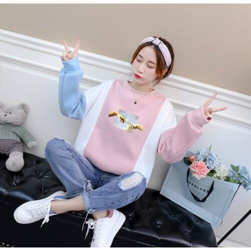 Womens Kawaii Hoodie Harajuku Fleece Spell Color Spliced Crewneck Tops Crative Hand Of God Print y2k Female Sweatshirt Clothing
