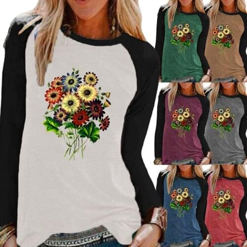 Ladies Autumn Fashion Casual Long Sleeve Top Ladies Round Neck Loose T-shirt Women Pullover Floral Print Sweatshirt Plus Size