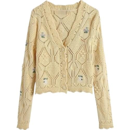 2021 New Women Fashion Floral Embroidery Cropped Knitted Cardigan Sweater Vintage Long Sleeve Female Outerwear Chic Tops