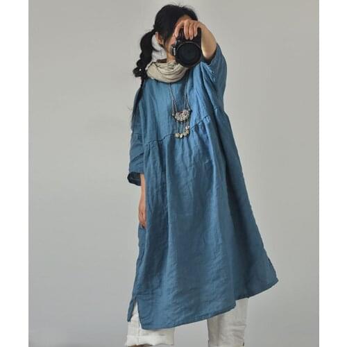2021 Spring Summer Women Dress O neck Solid Color Three Quarter Sleeve Original Linen Embroidery Vintage A line Robe Female