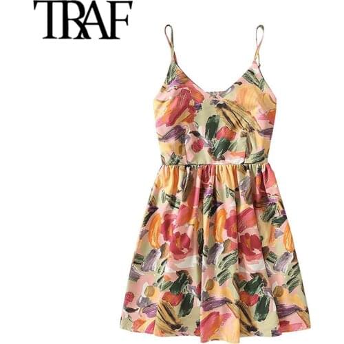 TRAF Women Chic Fashion Graffiti Print Pleated Mini Dress Vintage Sleeveless Backless Elastic Female Dresses Vestidos Mujer