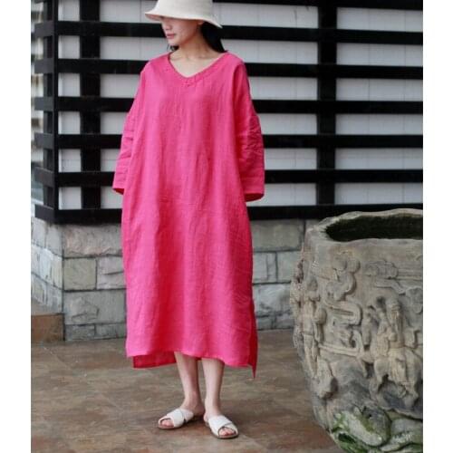 Casual Loose V Neck Side Opening Women Pure Ramie Linen Dress Fushia Embroidery Three Quarter Sleeve Plus Size Cool Thin Dresses