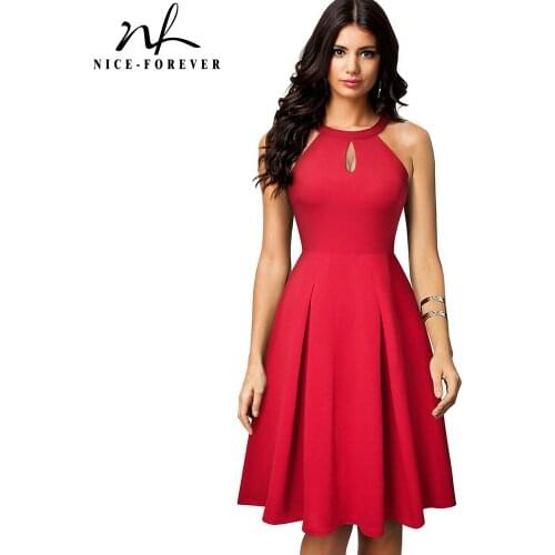 Nice-forever Vintage Casual Pure Color vestidos with Key hole A-Line Women Flare Dress A195