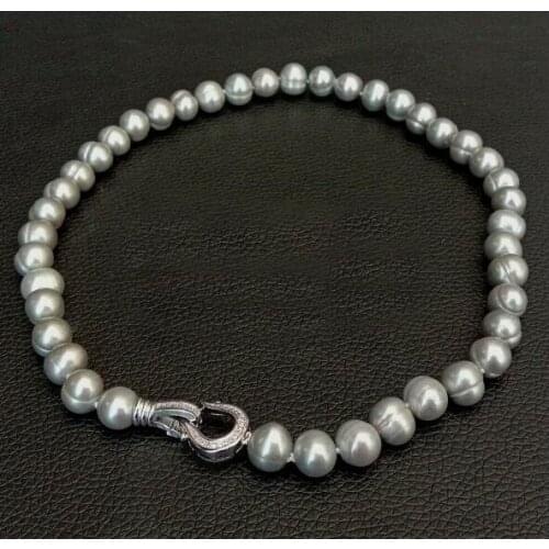 10mm bright gray baroque round pearl necklace heart clasp natural freshwater pearl Woman Jewelry 35cm 43cm 17'' 14