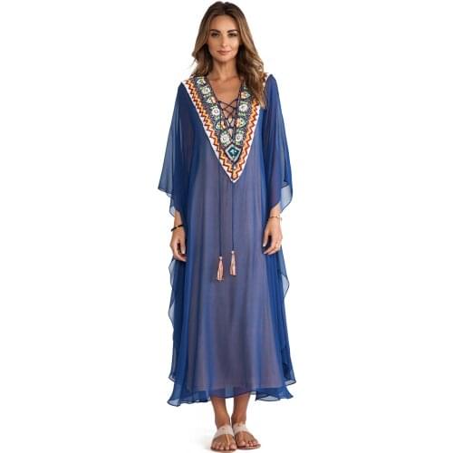 2021 Plus Size Blue Embroidered Summer Beachwear Chiffon Kaftan Beach Woman Tunic Bath Dress Robe plage Swim Wear Cover Up #Q975