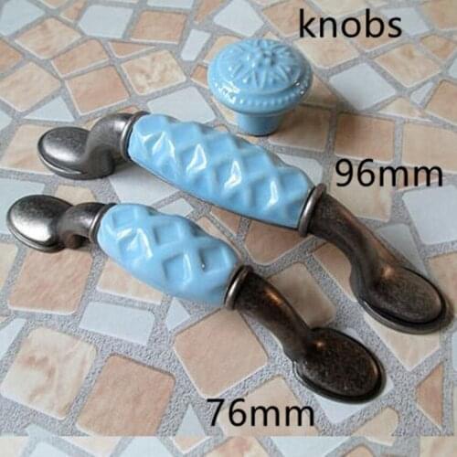96MM Blue dresser handles Drawer knobs pulls ceramic kitchen cabinet handles pulls3" antique silver furniture decoration handles