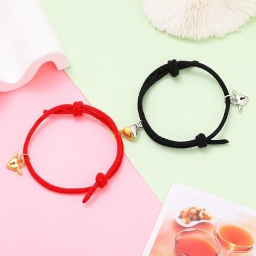 2PCS Gold Color Angel Heart Couple Bracelet Magnetic Attraction Heart-Shaped Magnet Bracelet Friendship Rope Couple Jewelry Gift