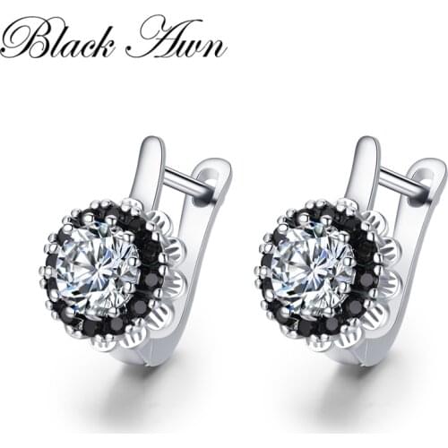 Black Awn 925 Sterling Silver Round Black Trendy Spinel Engagement Flower Hoop Earrings for Women Fine Jewelry Bijoux I202
