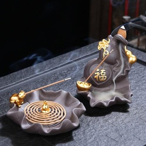 Purple Clay Backflow Incense Burner Ornaments Gourd Incense Plate Incense Home Ceramic Aromatherapy Lotus Incense Road Items