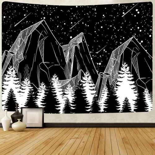 Simsant Black and White Mountains Tapestry Moon Star Night Sky Art Wall Hanging Tapestries for Living Room Home Decor