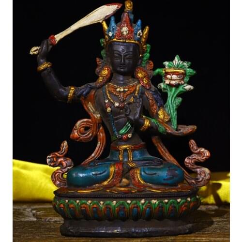 9"Tibet Temple Collection Old Bronze Tracing Manjushri Buddha Guanyin Bodhisattva Sitting Buddha Enshrine the Buddha Town House