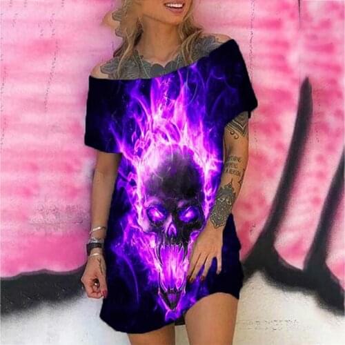 Summer Personalized Skull Print Loose Skirt Casual Off Shoulder Short Sleeve Dress 2021 Retro Street Style Plus Womens Clothing