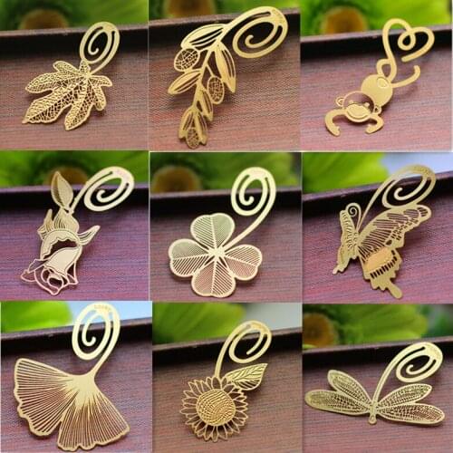 Gold color copper bookmark cute metal bookmark four leaf clover butterfly smile face leaves monkey cartoon sunflower bookmark