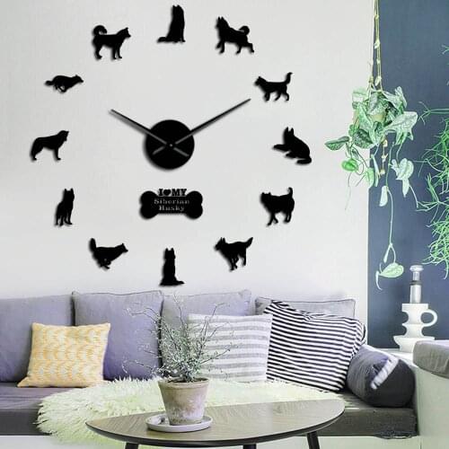 Lovely Size Adjustable Siberian Husky 3D DIY Wall Clock Dog Breeds Quartz Acrylic Mirror Sticker Fashion Animals Home Decoration
