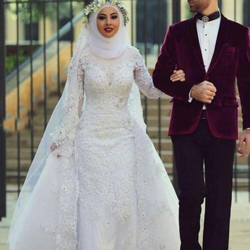 2021 Fashion Muslim Wedding Dresses Long Sleeve Hijab Lace Appliqued Islamic Bridal Gowns