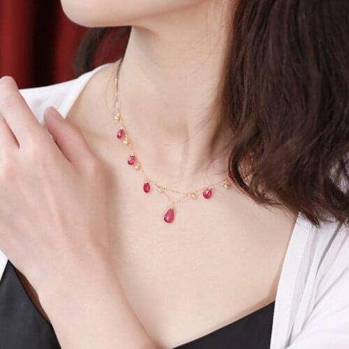 DAIMI Plain Ruby Necklace Female Genuine Gemstones Yellow 18K Gold Light Gold Sea Pearl Clavicle Chain