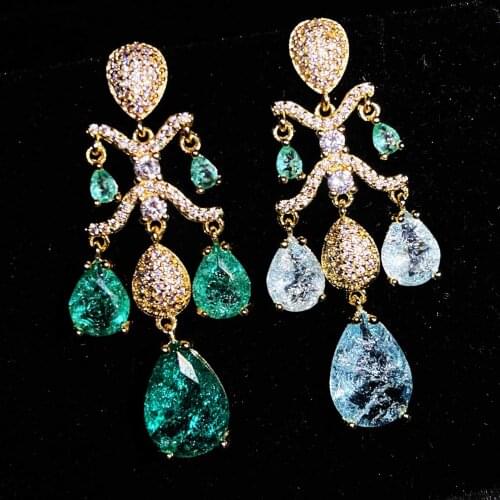 QTT Gorgeous Water Drop Earrings For Women Paraiba White Crystal Exotic Accessories Gold Color Jewelry 2021 Trend