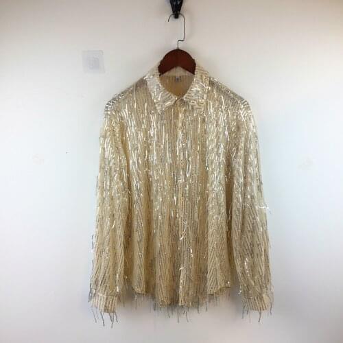 Mens Transparent Gold Black Sequins Tassel Shirt For Male Singer Dancer Stage See Through Fringe Skirts Performance Clothes