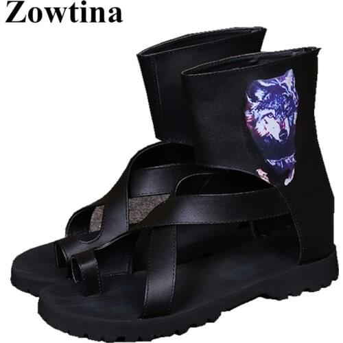 Black Leather Men Summer Boots Printing Flats Sandals Beach Flip Flops Casual Design Slides Shoes Man Fashion Sandalia Masculina