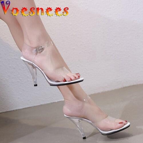 Voesnees Sandals Ultra-high Heel 10cm 20CM Transparent Crystal Women Shoes Model Catwalk Fitness Contest Pary Heels