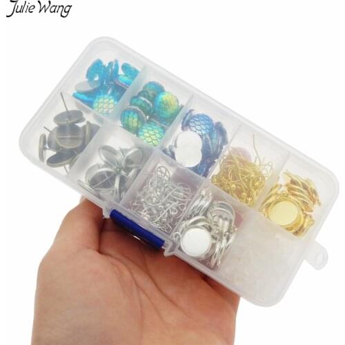 Julie Wang 180pcs/pack Stainless Steel Ear Stud Earring Bezel Mermaid Scale Resin Cabochons Ear Hooks Eardrop Making Findings