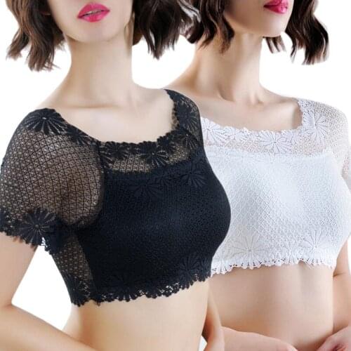 Women Sexy Lace Off Shoulder Crop Tops With Bra Pads Female Cotton T-Shirt Hot Short Sleeve Harajuku Bare Shoulder Crochet Top