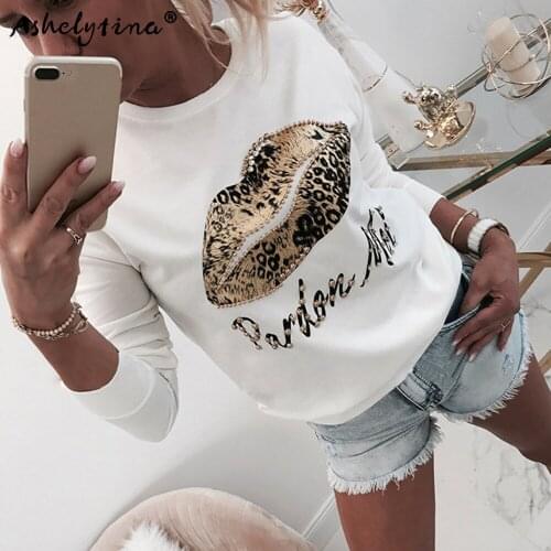 Autumn/winter womens long-sleeved t-shirt top lip letter printing can be wholesale