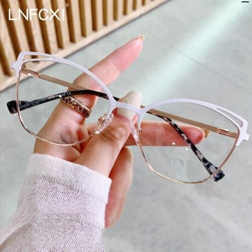 LNFCXI 2021 Cat Eye Female Computer Glasses Optical Eye Glasses Blue Light Blocking Metal Frame Flat Mirror Red Leg Eyeglasses
