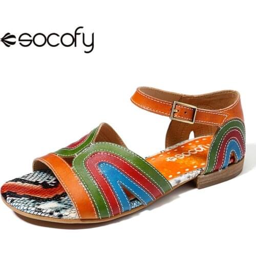 SOCOFY Retro Genuine Leather Splicing Colorful Band Buckle Strap Adjustable Hook Loop Sandals Elegant Shoes For Ladies Woman
