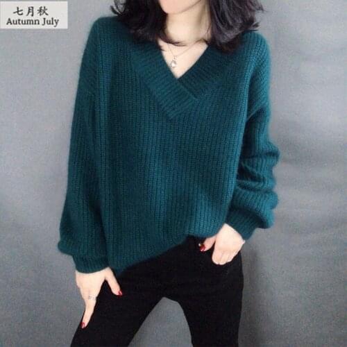 Woman Sweaters Chandails S-XL Loose V-neck Imitation Alpaca Lantern Sleeve Knitted Pullover Sweater Womens Clothing Month
