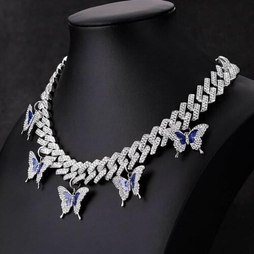 New Iced out Bling Women Buttefly Choker Jewelry Hip Hop Silver Color 15mm Cuban Chain Cz Paved Buttetfly Charm Necklace jewelry
