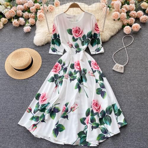 Aibeautyer New Summer A Line O Neck Mid-Calf Lady Short Dress Casual Floral Print Chiffon Pullover Women Medium Dresses