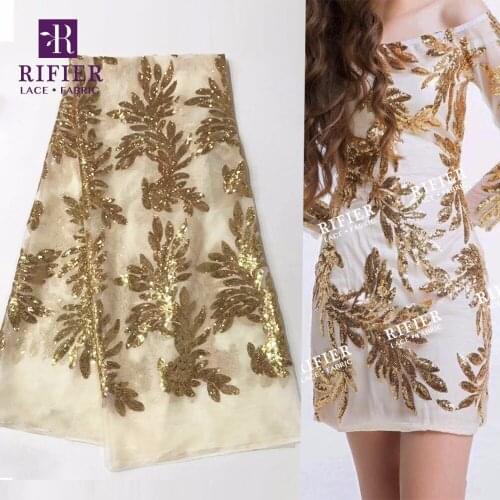 Gold Sequined Embroidered Nigerian Quality Mesh Lace Wedding Fabric Leaf Style African Sequins Net Tissu For Women Dresses Laces