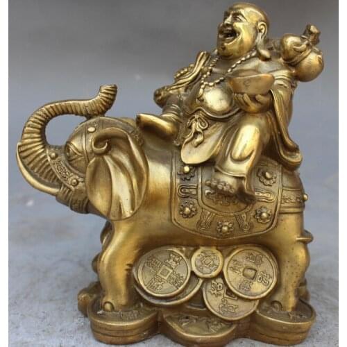 15cm Chinese Buddhism Bronze Brass Wealth Auspicious Elephant Maitreya buddha Statue