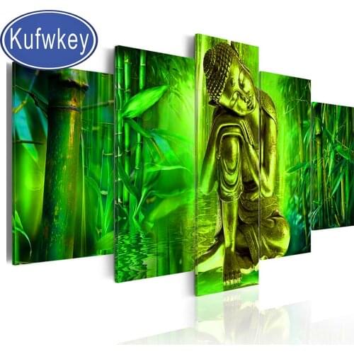 5 Panel Diamond Painting Buddha Statue Waterfall bamboo Home Decoration Diamond Mosaic Full Square Round Wall Art