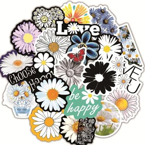 50Pcs Small Fresh Daisies Stickers Flower Series Decal Waterproof Skateboard Suitcase Notebook Stationery Laptop Sticker Pack