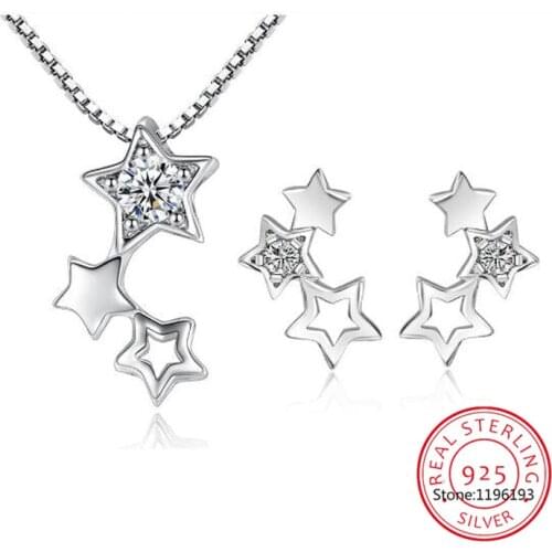 925 Sterling Silver Fine Jewelry Sets Simple Zirconia Star Necklace+Earrings Two piece set joyas de plata For Women Girl Gift