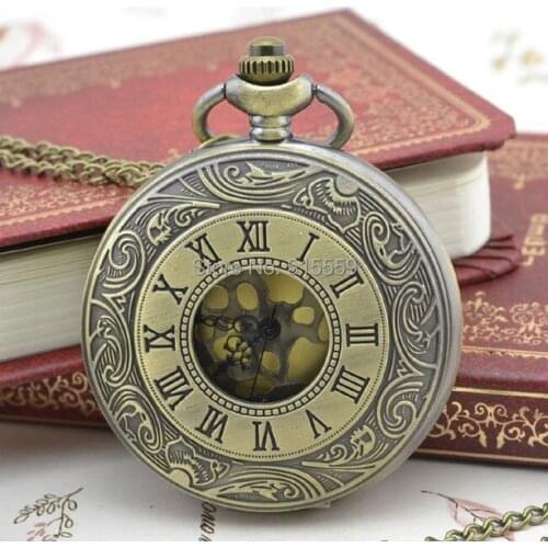 DHL Free Shipping 50pcs/lot Bronze Hollow Roman Dial Retro Pocket Watch Top Quality Watch Necklace Gift Watch Factory Wholesale