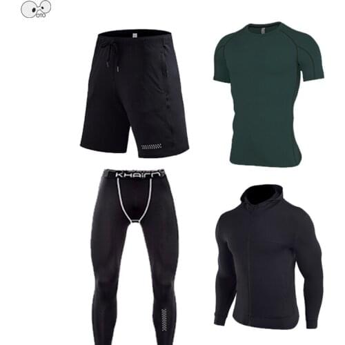 Quick Drying 4 Pcs Mens Jogging Running Set Gym Fitness Training Elastic Tights Clothing Hooded Sportswear Workout Sports Suit