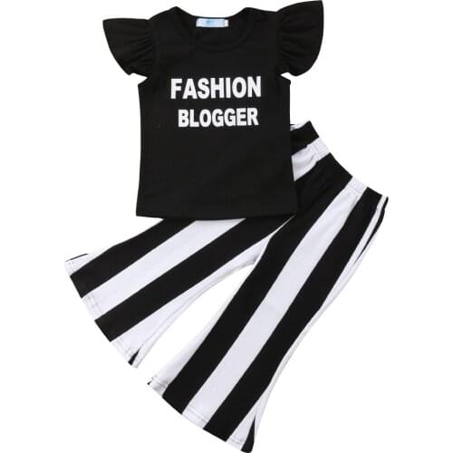 Toddler Girls Kids clothes round neck sleeveless Ruffle letter print pullover T-Shirts striped Trousers 2p cotton Baby Outfits