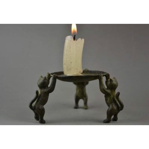 China Old Handwork Copper Carving 3 Fortune Cat Noble Lucky Usable Candlestick