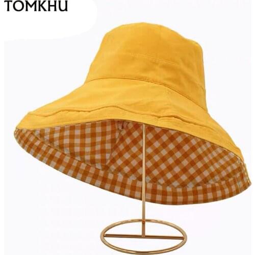 Plaid Striped Sun Hats Summer Spring Women Double-sided Foldable Cotton Sun Beach Hats Big Wide Brim Sunscreen Female Bucket Hat