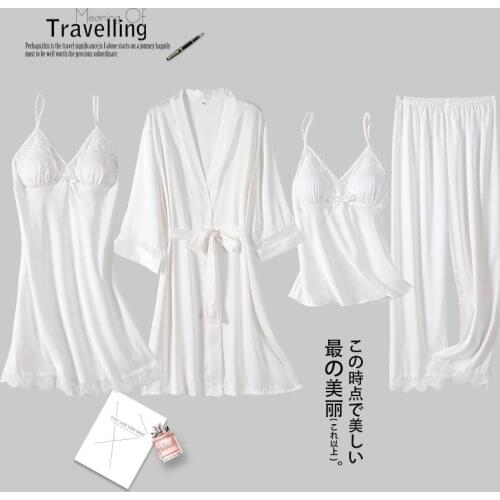 Lace Sleepwear Casual Home Clothing Intimate Lingerie Sexy Women Nightwear New Arrival Pajamas Suit Satin 4pcs Robe Set