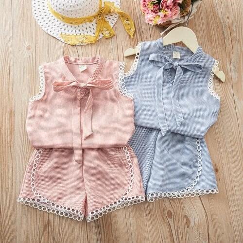Summer Girls Clothes Plaid Bow Vest Shorts Two Piece Kids Suits 2021 New Casual Baby Toddler Children Clothing Set 1-8 Year