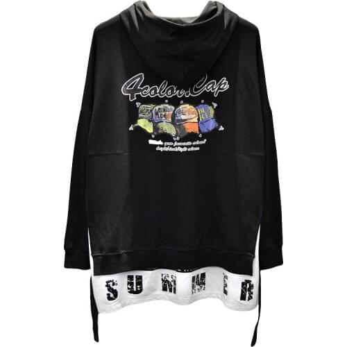 New Western High Street Fashion Back Printed Ribbon Layered Irregularity Individuality Mens Hooded Sweatshirts Casual Hoodies