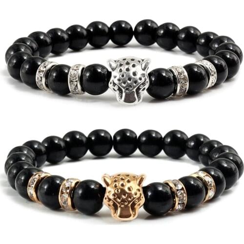 New Fashion Men Bracelet Leopard Head Lava Natural Stone Beaded Strand Bracelets Bangles Yoga Charm Males Jewelry Gifts On Hand